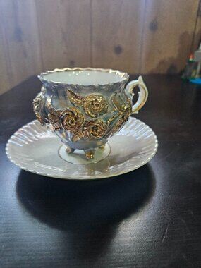 Blue Ornate Gold Accent Cup and Saucer